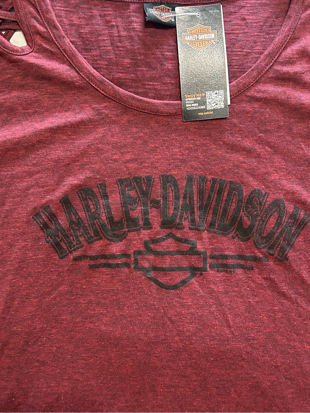 Harley-Davidson Women's Burgundy Lattice-Shoulder Logo Tee - Picture 4 of 12